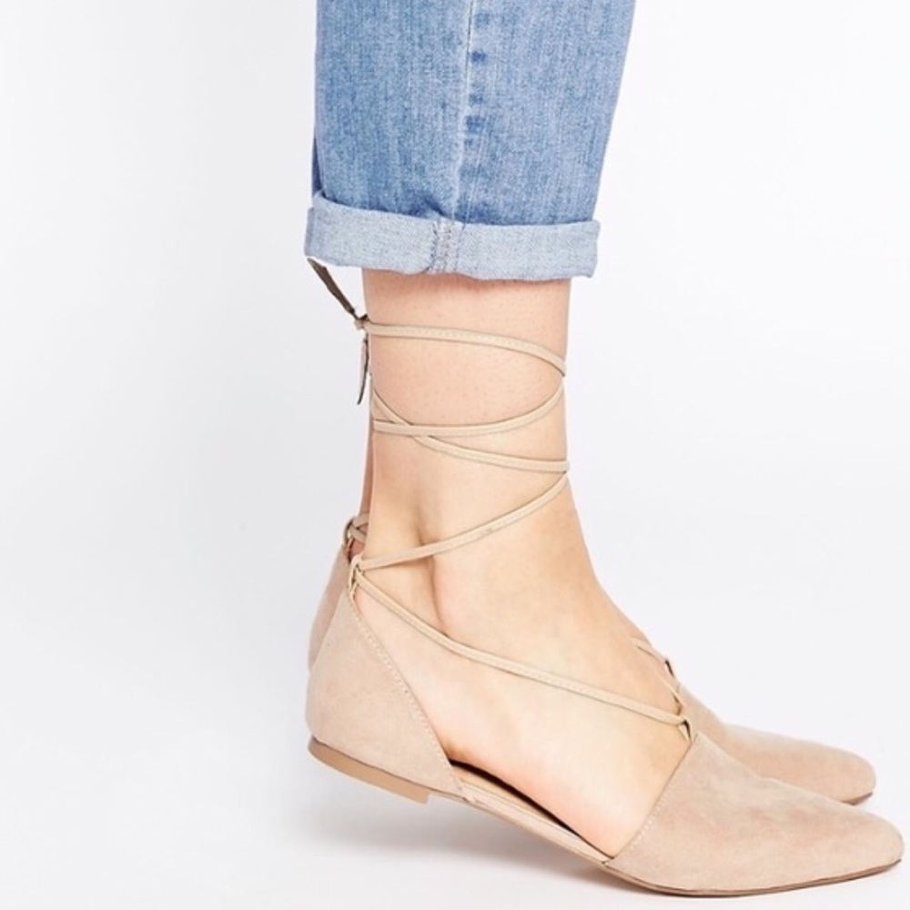 Nude Fabric Lace Up Flats